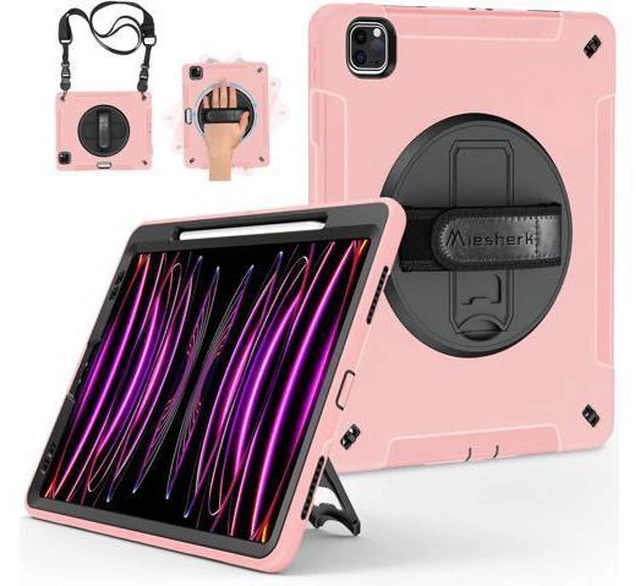 Alt view image 7 of 7 - Case for iPad Pro 12.9 2022/2021: Military Grade Heavy Duty Shockproof Cover for iPad Pro 12.9 Inch 6th/5th Generation- Pencil Holder - Rotating Stand - Hand/Shoulder Strap - Pink