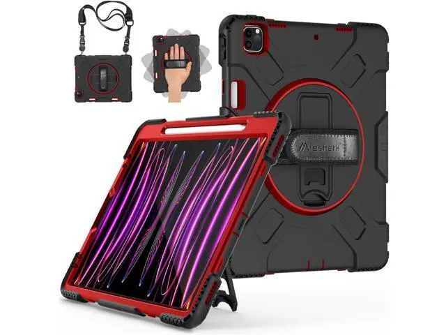 Alt view image 7 of 7 - Case for iPad Pro 12.9 2022/2021: Military Grade Heavy Duty Shockproof Cover for iPad Pro 12.9 Inch 6th/5th Generation- Pencil Holder - Rotating Stand - Hand/Shoulder Strap - Red