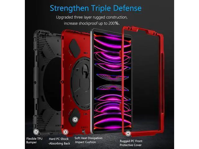 Alt view image 5 of 7 - Case for iPad Pro 12.9 2022/2021: Military Grade Heavy Duty Shockproof Cover for iPad Pro 12.9 Inch 6th/5th Generation- Pencil Holder - Rotating Stand - Hand/Shoulder Strap - Red