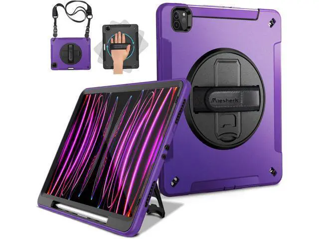 Alt view image 7 of 7 - Case for iPad Pro 12.9 2022/2021: Military Grade Heavy Duty Shockproof Cover for iPad Pro 12.9 Inch 6th/5th Generation- Pencil Holder - Rotating Stand - Hand/Shoulder Strap - Purple