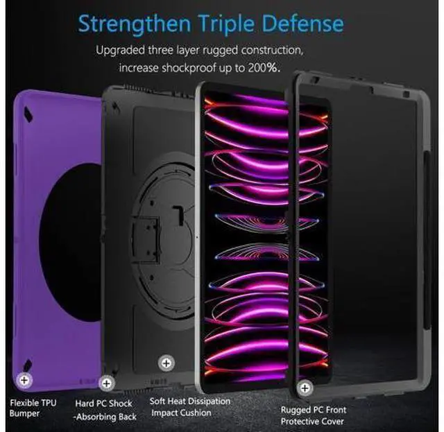 Alt view image 3 of 7 - Case for iPad Pro 12.9 2022/2021: Military Grade Heavy Duty Shockproof Cover for iPad Pro 12.9 Inch 6th/5th Generation- Pencil Holder - Rotating Stand - Hand/Shoulder Strap - Rose