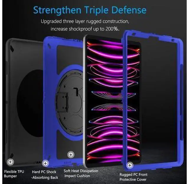 Alt view image 3 of 7 - Case for iPad Pro 12.9 2022/2021: Military Grade Heavy Duty Shockproof Cover for iPad Pro 12.9 Inch 6th/5th Generation- Pencil Holder - Rotating Stand - Hand/Shoulder Strap - Purple