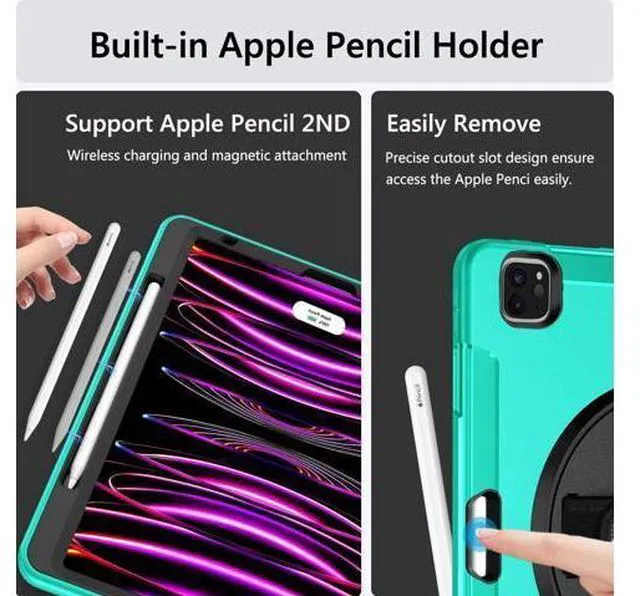 Alt view image 5 of 7 - Case for iPad Pro 12.9 2022/2021: Military Grade Heavy Duty Shockproof Cover for iPad Pro 12.9 Inch 6th/5th Generation- Pencil Holder - Rotating Stand - Hand/Shoulder Strap - Sky Blue