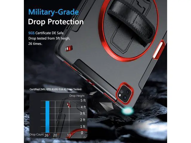Alt view image 2 of 7 - Case for iPad Pro 12.9 2022/2021: Military Grade Heavy Duty Shockproof Cover for iPad Pro 12.9 Inch 6th/5th Generation- Pencil Holder - Rotating Stand - Hand/Shoulder Strap - Black