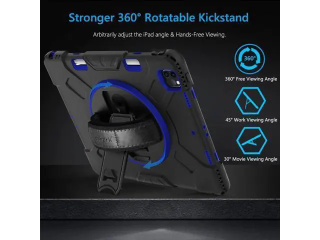 Alt view image 3 of 7 - Case for iPad Pro 12.9 2022/2021: Military Grade Heavy Duty Shockproof Cover for iPad Pro 12.9 Inch 6th/5th Generation- Pencil Holder - Rotating Stand - Hand/Shoulder Strap - Blue