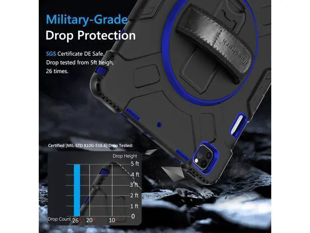 Alt view image 2 of 7 - Case for iPad Pro 12.9 2022/2021: Military Grade Heavy Duty Shockproof Cover for iPad Pro 12.9 Inch 6th/5th Generation- Pencil Holder - Rotating Stand - Hand/Shoulder Strap - Blue