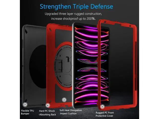 Alt view image 3 of 7 - Case for iPad Pro 12.9 2022/2021: Military Grade Heavy Duty Shockproof Cover for iPad Pro 12.9 Inch 6th/5th Generation- Pencil Holder - Rotating Stand - Hand/Shoulder Strap - Black