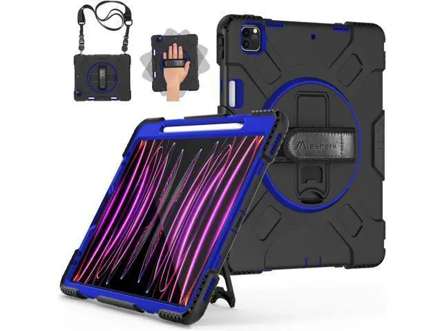 Alt view image 7 of 7 - Case for iPad Pro 12.9 2022/2021: Military Grade Heavy Duty Shockproof Cover for iPad Pro 12.9 Inch 6th/5th Generation- Pencil Holder - Rotating Stand - Hand/Shoulder Strap - Blue