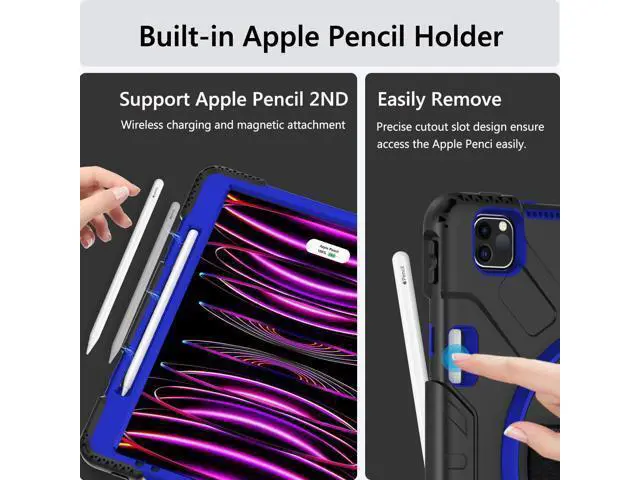 Alt view image 4 of 7 - Case for iPad Pro 12.9 2022/2021: Military Grade Heavy Duty Shockproof Cover for iPad Pro 12.9 Inch 6th/5th Generation- Pencil Holder - Rotating Stand - Hand/Shoulder Strap - Blue