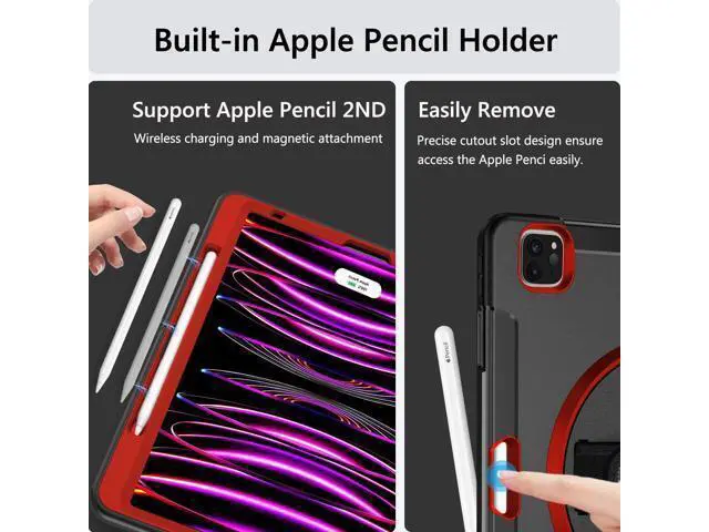 Alt view image 5 of 7 - Case for iPad Pro 12.9 2022/2021: Military Grade Heavy Duty Shockproof Cover for iPad Pro 12.9 Inch 6th/5th Generation- Pencil Holder - Rotating Stand - Hand/Shoulder Strap - Black