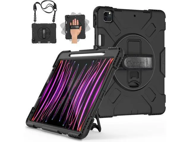 Alt view image 7 of 7 - Case for iPad Pro 12.9 2022/2021: Military Grade Heavy Duty Shockproof Cover for iPad Pro 12.9 Inch 6th/5th Generation- Pencil Holder - Rotating Stand - Hand/Shoulder Strap - Black