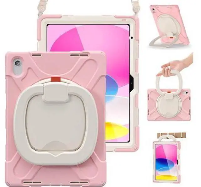 Main image of iPad 10th Generation Case 2022 10.9 Inch A2696 A2757 A2777-Shockproof Silicone Cover with Pencil Holder/360°Swivel Ring Stand/Handle Grip/Kickstand/Shoulder Strap/Screen Protector, Sakura Pink