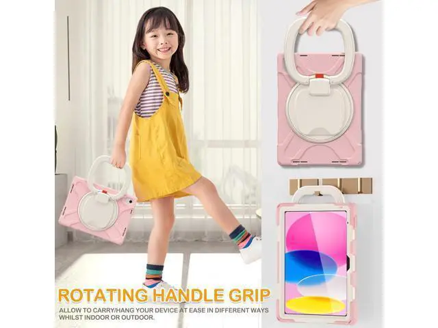 Alt view image 4 of 7 - iPad 10th Generation Case 2022 10.9 Inch A2696 A2757 A2777-Shockproof Silicone Cover with Pencil Holder/360°Swivel Ring Stand/Handle Grip/Kickstand/Shoulder Strap/Screen Protector, Sakura Pink