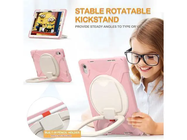 Alt view image 3 of 7 - iPad 10th Generation Case 2022 10.9 Inch A2696 A2757 A2777-Shockproof Silicone Cover with Pencil Holder/360°Swivel Ring Stand/Handle Grip/Kickstand/Shoulder Strap/Screen Protector, Sakura Pink