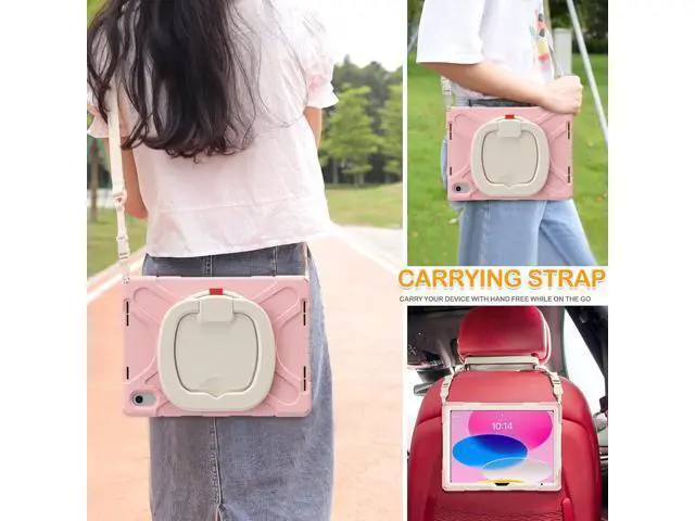 Alt view image 5 of 7 - iPad 10th Generation Case 2022 10.9 Inch A2696 A2757 A2777-Shockproof Silicone Cover with Pencil Holder/360°Swivel Ring Stand/Handle Grip/Kickstand/Shoulder Strap/Screen Protector, Sakura Pink