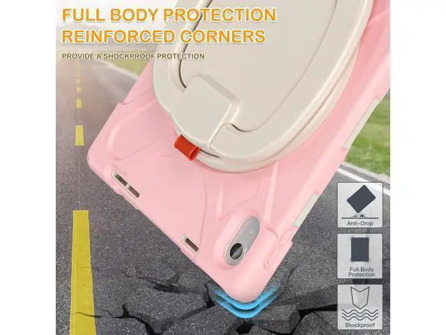 Alt view image 6 of 7 - iPad 10th Generation Case 2022 10.9 Inch A2696 A2757 A2777-Shockproof Silicone Cover with Pencil Holder/360°Swivel Ring Stand/Handle Grip/Kickstand/Shoulder Strap/Screen Protector, Sakura Pink