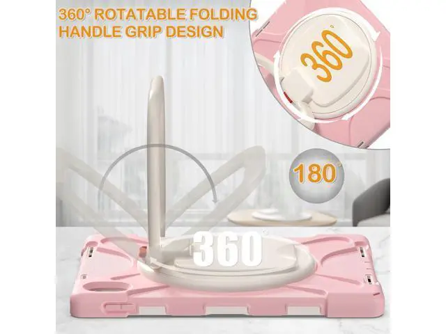 Alt view image 7 of 7 - iPad 10th Generation Case 2022 10.9 Inch A2696 A2757 A2777-Shockproof Silicone Cover with Pencil Holder/360°Swivel Ring Stand/Handle Grip/Kickstand/Shoulder Strap/Screen Protector, Sakura Pink