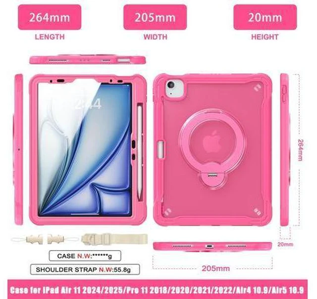Alt view image 2 of 7 - Case for iPad Air 11 Inch M3/M2 (2025/2024), Air 5th/4th 10.9 Inch (2022/2020), Pro 11" 4th/3rd/2nd/1st, Shockproof Cover with 360 Rotating Stand, Pencil Holder, Shoulder Strap, with Screen Protector