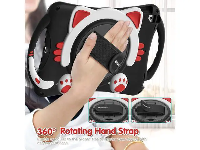Alt view image 3 of 6 - iPad 8th/7th Generation 10.2 Case Kids, Silicone Shockproof Protective Rubber Cover with Handle Grip, Kickstand, Pencil Holder, Hand Strap, Shoulder Strap for iPad 10.5 Inch 2019/2017-Black+Red