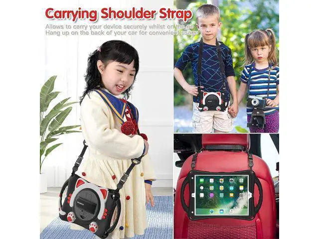 Alt view image 5 of 6 - iPad 8th/7th Generation 10.2 Case Kids, Silicone Shockproof Protective Rubber Cover with Handle Grip, Kickstand, Pencil Holder, Hand Strap, Shoulder Strap for iPad 10.5 Inch 2019/2017-Black+Red