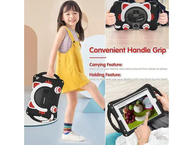 Alt view image 4 of 6 - iPad 8th/7th Generation 10.2 Case Kids, Silicone Shockproof Protective Rubber Cover with Handle Grip, Kickstand, Pencil Holder, Hand Strap, Shoulder Strap for iPad 10.5 Inch 2019/2017-Black+Red
