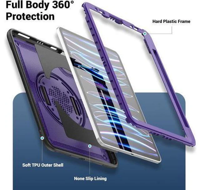 Alt view image 2 of 7 - Case for iPad Air 5 (2022) M1 Chip/iPad Air 4th 2020 10.9 inch Multilayered Rugged Durable Shockproof Tablet Cover with 360° Rotating Hand Strap Foldable Hidden Stand, Purple