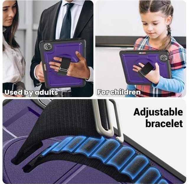 Alt view image 5 of 7 - Case for iPad Air 5 (2022) M1 Chip/iPad Air 4th 2020 10.9 inch Multilayered Rugged Durable Shockproof Tablet Cover with 360° Rotating Hand Strap Foldable Hidden Stand, Purple