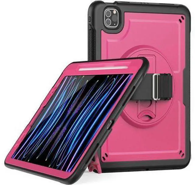 Main image of Case for iPad Air 5 (2022) M1 Chip/iPad Air 4th 2020 10.9 inch Multilayered Rugged Durable Shockproof Tablet Cover with 360° Rotating Hand Strap Foldable Hidden Stand, Pink