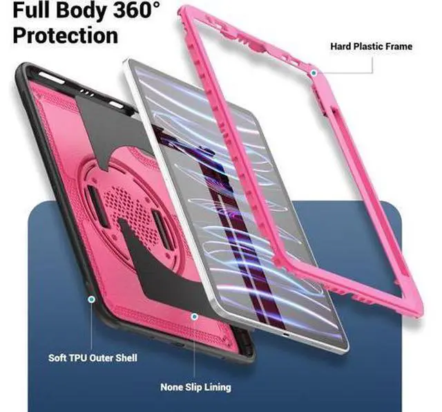 Alt view image 2 of 7 - Case for iPad Air 5 (2022) M1 Chip/iPad Air 4th 2020 10.9 inch Multilayered Rugged Durable Shockproof Tablet Cover with 360° Rotating Hand Strap Foldable Hidden Stand, Pink