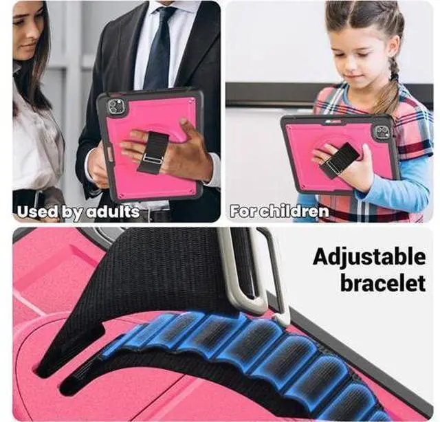 Alt view image 5 of 7 - Case for iPad Air 5 (2022) M1 Chip/iPad Air 4th 2020 10.9 inch Multilayered Rugged Durable Shockproof Tablet Cover with 360° Rotating Hand Strap Foldable Hidden Stand, Pink
