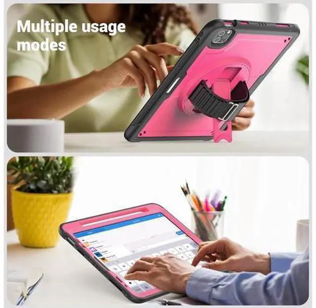 Alt view image 7 of 7 - Case for iPad Air 5 (2022) M1 Chip/iPad Air 4th 2020 10.9 inch Multilayered Rugged Durable Shockproof Tablet Cover with 360° Rotating Hand Strap Foldable Hidden Stand, Pink