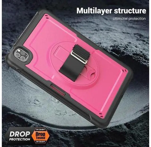 Alt view image 4 of 7 - Case for iPad Air 5 (2022) M1 Chip/iPad Air 4th 2020 10.9 inch Multilayered Rugged Durable Shockproof Tablet Cover with 360° Rotating Hand Strap Foldable Hidden Stand, Pink