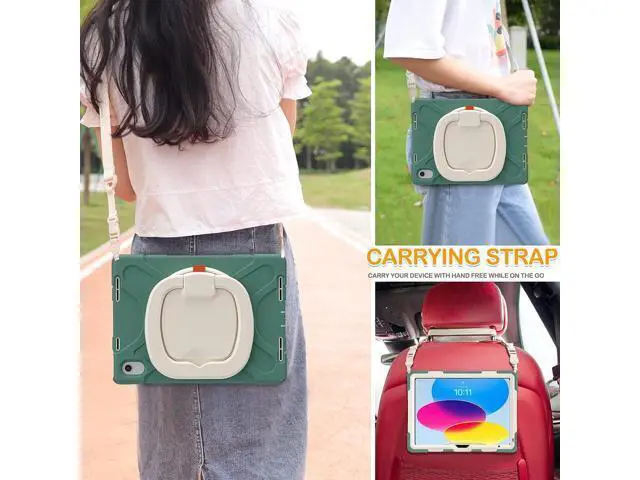 Alt view image 5 of 7 - Case for iPad 10th Generation 2022-Silicone Cover with Pencil Holder/Rotating Handle Grip/Stable Kickstand/Adjustable Shoulder Strap for iPad 10th Gen 10.9 Inch A2696 A2757 A2777, Emerald Green