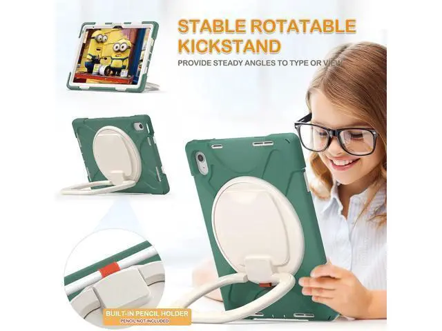 Alt view image 3 of 7 - Case for iPad 10th Generation 2022-Silicone Cover with Pencil Holder/Rotating Handle Grip/Stable Kickstand/Adjustable Shoulder Strap for iPad 10th Gen 10.9 Inch A2696 A2757 A2777, Emerald Green
