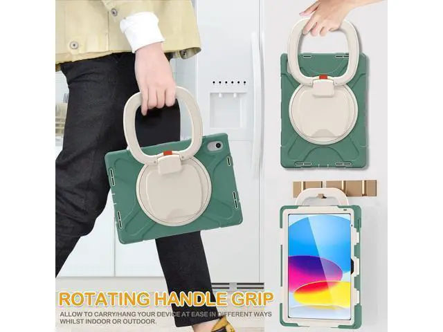 Alt view image 4 of 7 - Case for iPad 10th Generation 2022-Silicone Cover with Pencil Holder/Rotating Handle Grip/Stable Kickstand/Adjustable Shoulder Strap for iPad 10th Gen 10.9 Inch A2696 A2757 A2777, Emerald Green