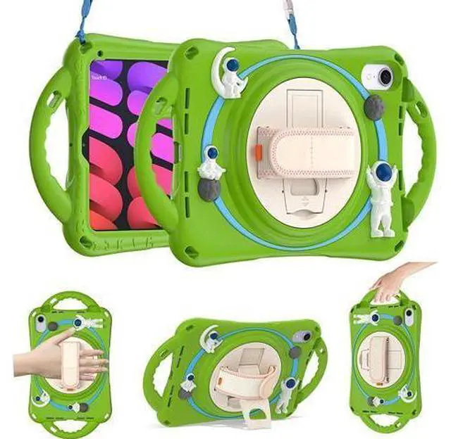 Main image of Kid Case for New iPad Mini 6(8.3 inch 2021), Shockproof Silicone Mini 6 Case A2567/A2568/A2569 with Pencil Holder+Kickstand+Hand Strap+Shoulder Belt Handle Grip, Glass Green