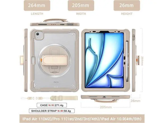 Alt view image 2 of 7 - iPad Air 11 inch Case 2024 M2 Chip Dual-Layer Protective Tablet Cover,Lightweight Durable,Shock-Absorbing Corners with 360° Rotating Hand Strap and Hidden Kickstand & Shoulder Strap, Khaki