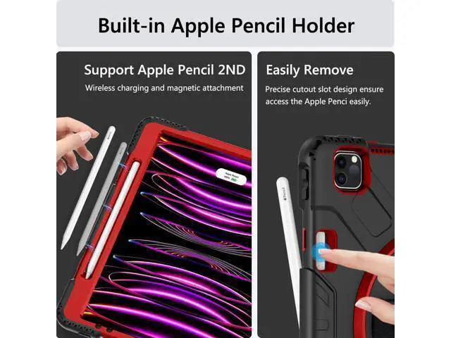 Alt view image 4 of 7 - Case for iPad Pro 12.9 2022/2021: Military Grade Heavy Duty Shockproof Cover for iPad Pro 12.9 Inch 6th/5th Generation- Pencil Holder - Rotating Stand - Hand/Shoulder Strap - Red
