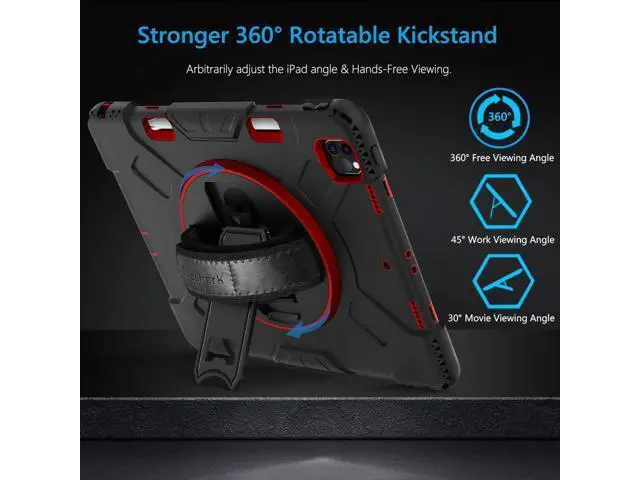 Alt view image 3 of 7 - Case for iPad Pro 12.9 2022/2021: Military Grade Heavy Duty Shockproof Cover for iPad Pro 12.9 Inch 6th/5th Generation- Pencil Holder - Rotating Stand - Hand/Shoulder Strap - Red