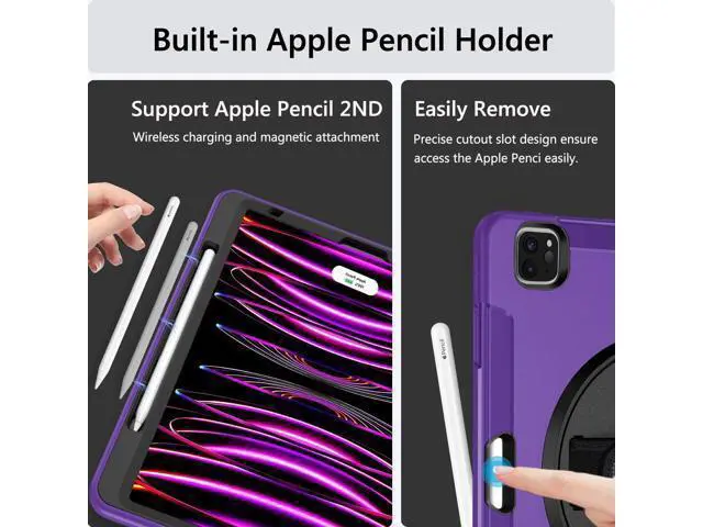 Alt view image 5 of 7 - Case for iPad Pro 12.9 2022/2021: Military Grade Heavy Duty Shockproof Cover for iPad Pro 12.9 Inch 6th/5th Generation- Pencil Holder - Rotating Stand - Hand/Shoulder Strap - Rose