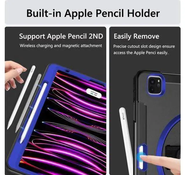 Alt view image 5 of 7 - Case for iPad Pro 12.9 2022/2021: Military Grade Heavy Duty Shockproof Cover for iPad Pro 12.9 Inch 6th/5th Generation- Pencil Holder - Rotating Stand - Hand/Shoulder Strap - Purple
