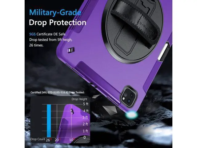 Alt view image 2 of 7 - Case for iPad Pro 12.9 2022/2021: Military Grade Heavy Duty Shockproof Cover for iPad Pro 12.9 Inch 6th/5th Generation- Pencil Holder - Rotating Stand - Hand/Shoulder Strap - Rose