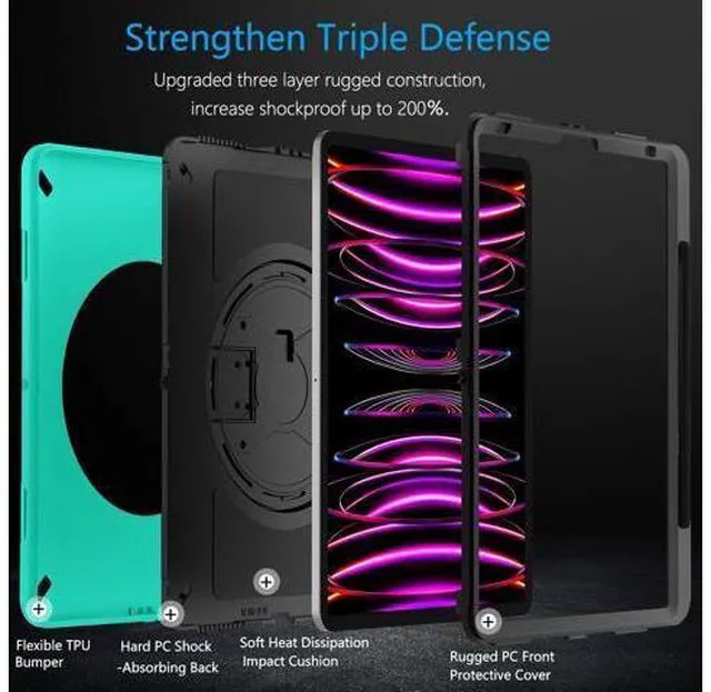 Alt view image 3 of 7 - Case for iPad Pro 12.9 2022/2021: Military Grade Heavy Duty Shockproof Cover for iPad Pro 12.9 Inch 6th/5th Generation- Pencil Holder - Rotating Stand - Hand/Shoulder Strap - Sky Blue