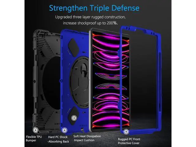 Alt view image 5 of 7 - Case for iPad Pro 12.9 2022/2021: Military Grade Heavy Duty Shockproof Cover for iPad Pro 12.9 Inch 6th/5th Generation- Pencil Holder - Rotating Stand - Hand/Shoulder Strap - Blue