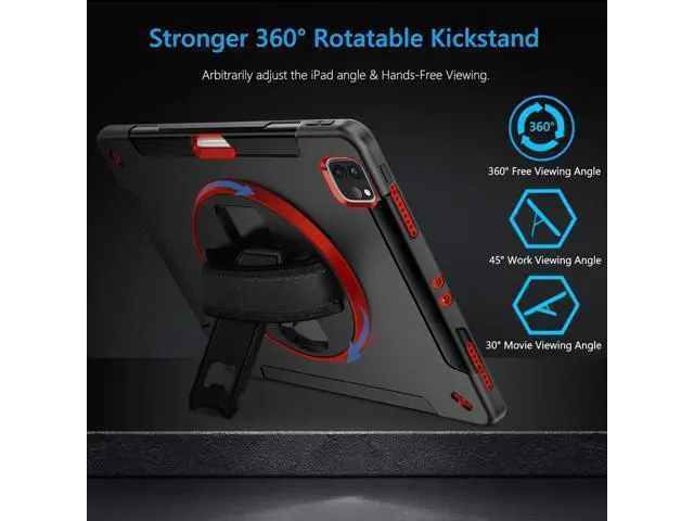 Alt view image 4 of 7 - Case for iPad Pro 12.9 2022/2021: Military Grade Heavy Duty Shockproof Cover for iPad Pro 12.9 Inch 6th/5th Generation- Pencil Holder - Rotating Stand - Hand/Shoulder Strap - Black