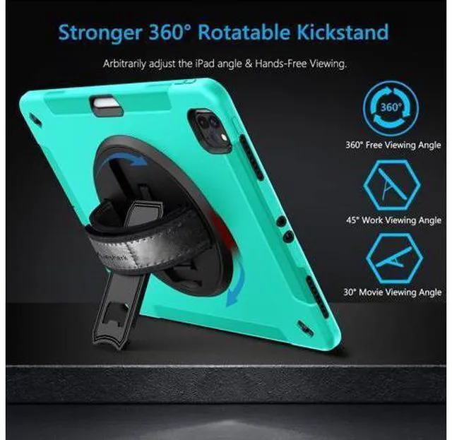 Alt view image 4 of 7 - Case for iPad Pro 12.9 2022/2021: Military Grade Heavy Duty Shockproof Cover for iPad Pro 12.9 Inch 6th/5th Generation- Pencil Holder - Rotating Stand - Hand/Shoulder Strap - Sky Blue