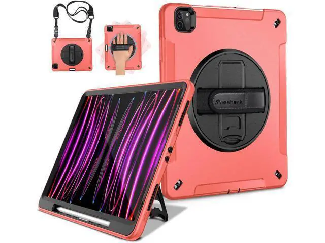 Alt view image 7 of 7 - Case for iPad Pro 12.9 2022/2021: Military Grade Heavy Duty Shockproof Cover for iPad Pro 12.9 Inch 6th/5th Generation- Pencil Holder - Rotating Stand - Hand/Shoulder Strap - Rose