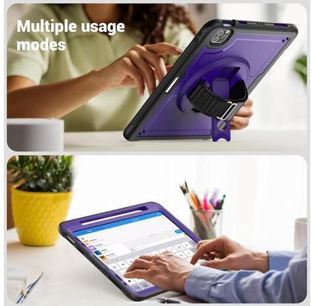 Alt view image 7 of 7 - Case for iPad Air 5 (2022) M1 Chip/iPad Air 4th 2020 10.9 inch Multilayered Rugged Durable Shockproof Tablet Cover with 360° Rotating Hand Strap Foldable Hidden Stand, Purple