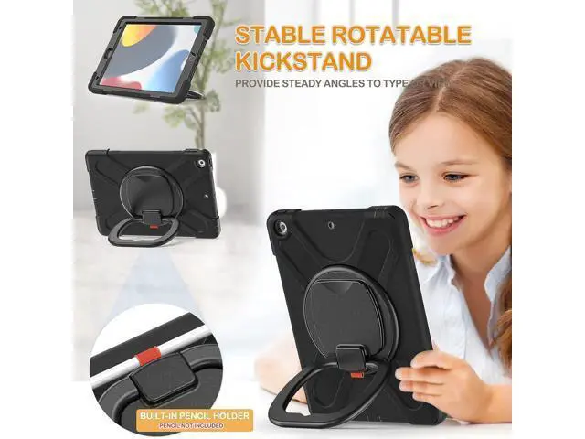 Alt view image 3 of 7 - iPad 9th Generation Case New 2021 10.2 Inch Hybrid Rugged Shockproof Silicone Cover with Kickstand, Pencil Holder, Handle Grip and Shoulder Strap, Compatible with iPad 9th/8th/7th Gen, Black