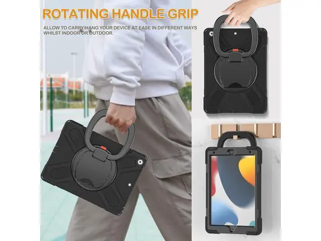 Alt view image 4 of 7 - iPad 9th Generation Case New 2021 10.2 Inch Hybrid Rugged Shockproof Silicone Cover with Kickstand, Pencil Holder, Handle Grip and Shoulder Strap, Compatible with iPad 9th/8th/7th Gen, Black